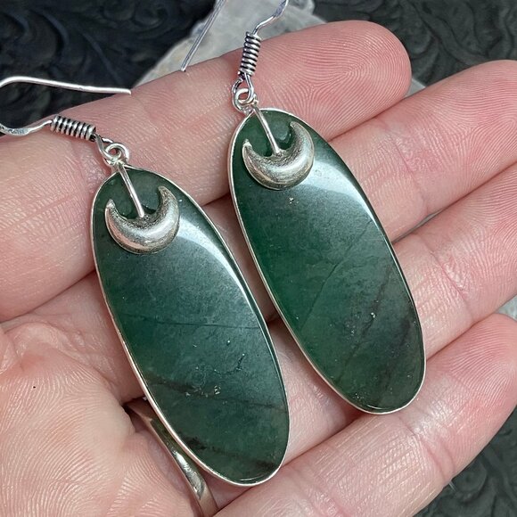 Pyrite Included Green Nephrite Jade and Crescent Moon Earrings Stone Jewelry - Picture 4 of 6
